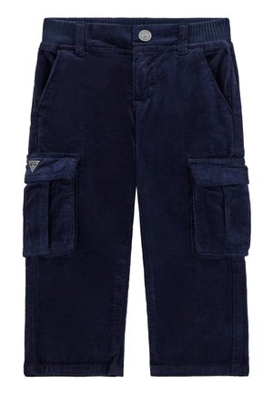 Pantaloni cargo in corduroy blu navy con due tasche laterali e due tasche cargo. Presentano una vita a coste e una patch con logo sulla tasca sinistra.