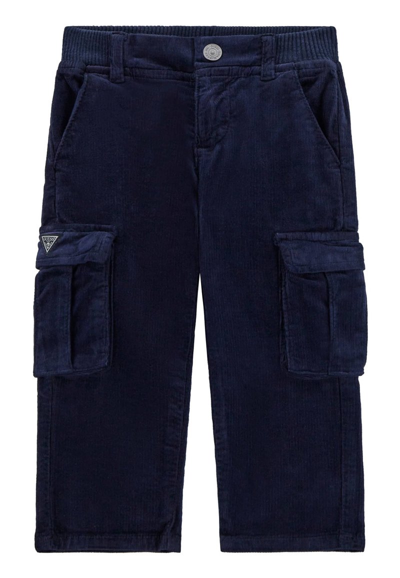 Pantaloni cargo in corduroy blu navy con due tasche laterali e due tasche cargo. Presentano una vita a coste e una patch con logo sulla tasca sinistra.