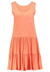 Bezramenné korálové šaty z měkké tkaniny, s kulatým výstřihem, postranní kapsou a rozšířenou sukni ve více vrstvách pro pohodlné nošení.