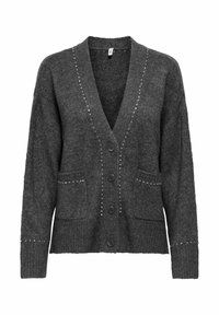 Tmavě šedý cardigan vyrobený z měkkého materiálu, s výstřihem do V, pěti knoflíky, dvěma kapsami a dekorativními kamínky podél předních okrajů.