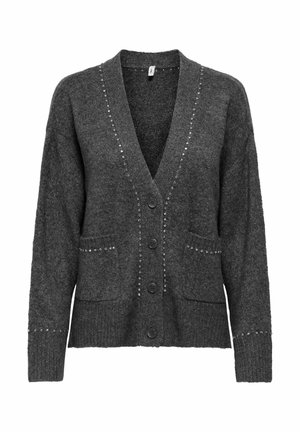 Cardigan grigio scuro realizzato in morbido materiale, con scollatura a V, cinque bottoni, due tasche e borchie decorative lungo i bordi anteriori.