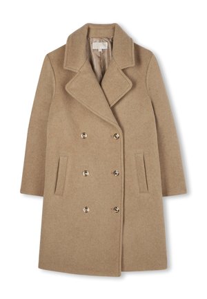 Beige double-breasted wool coat with wide lapels, six metallic buttons, two vertical slit pockets, and quilted inner lining.