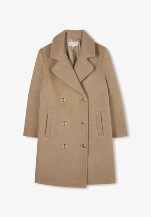 Manteau en laine beige à double boutonnage avec larges revers, six boutons métalliques, deux poches verticales fendue et doublure matelassée.
