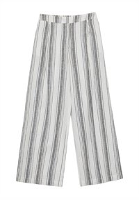 Lockere Weitbeine-Hose aus leichtem Stoff. Mit vertikalen schwarz-weißen Streifen, einem elastischen Bund und einem entspannten Schnitt für zusätzlichen Komfort.