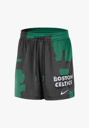 Shorts de basketball en mesh noir et vert avec le texte "Boston Celtics" et le logo Nike sur la jambe droite, dotés d'une ceinture élastique et d'un cordon de serrage.