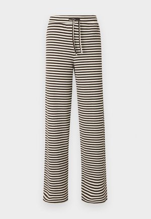 Calças largas às riscas em textura canelada, apresentando riscas horizontais alternadas em castanho e creme e cintura elástica com cordão.