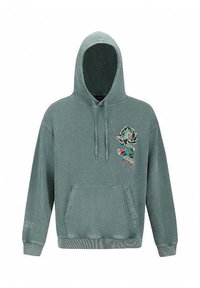 Grijze hoodie met een voorzak, met een kleurrijk geborduurd rozen- en tekstontwerp op de borst, gemaakt van zachte stof.