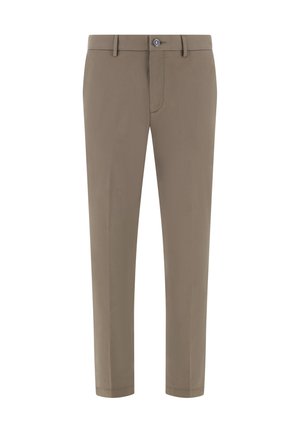 Pantalon slim pour hommes de couleur marron clair, avec passants pour ceinture, fermeture par bouton et détails de couture à l'avant.