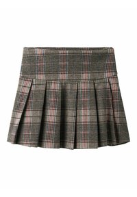 Grijze geruite rok met plooien, voorzien van een aansluitende tailleband. Kleuren zijn donkergrijs, roze en blauw in een geblokt patroon. Textuurstof.