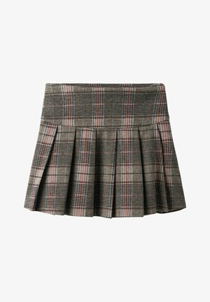 Pilkos langeliais sijonas su klostėmis, su prigludusia juosta. Spalvos apima tamsiai pilką, rožinę ir mėlyną tikrinio rašto. Tekstūruota medžiaga.