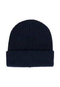Cappello beanie lavorato a maglia di colore blu navy con texture a costine e design con risvolto, realizzato in materiale morbido e caldo.