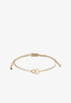 Gold-tone metal link bracelet on a tan braided cord with adjustable closure and a decorative knot detail. Simple and minimalistic design.