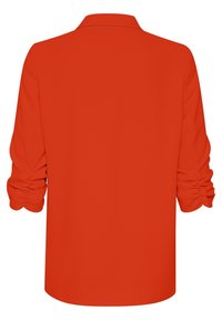 Czerwona, długim rękawem koszula o gładkiej fakturze i marszczonych rękawach. Posiada klasyczny kołnierz oraz prosty dół z tyłu.