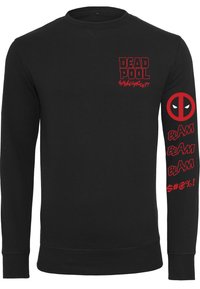 Čierna mikina vyrobená z bavlny, s červeným textom "Deadpool" na hrudi a textom "BLAM" pozdĺž rukávu, s červeným emblémom Deadpool.