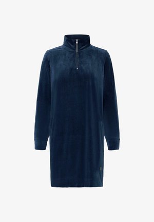 Navyblaues Cordkleid mit einem Reißverschluss-Kragen, langen Ärmeln, gerippter Textur und einem kleinen Logo-Detail am Saum.