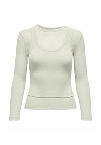 Top lung cu mânecă lungă de culoare gri deschis, cu decolteu pătrat și design ajustat; prezintă un material texturat și un detaliu ușor la talie.