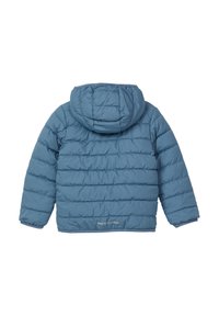 Gepolsterte Jacke in gedecktem Blau, mit Kapuze, horizontalem Steppmuster und elastischen Bündchen. Schlichtes Design ohne sichtbare Hardware.
