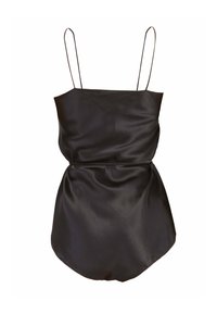 Black satin dress with thin spaghetti straps, a fitted bodice, and a flared hem that drapes gently. Smooth texture with soft sheen.