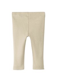 Beige geribde leggings met glinsterende spikkels, met een strakke pasvorm en gekartelde zoom. Elastische tailleband voor comfort.