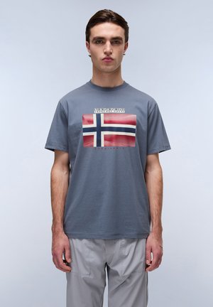Gray cotton t-shirt featuring a stylized Norwegian flag graphic in red and blue, with "Napapijri Geographic" text above the design.