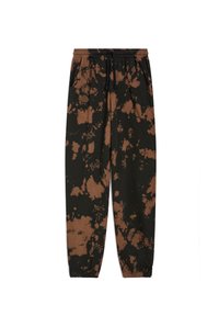 Black sweatpants with brown tie-dye pattern, elastic waistband with drawstring, side pockets, and elastic cuffs at the ankles.