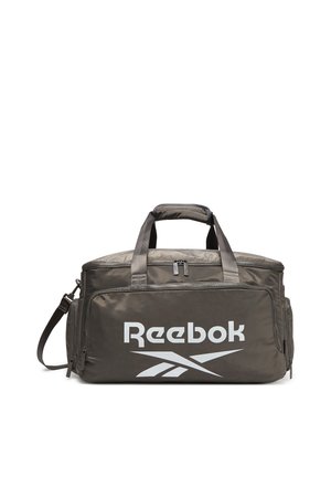 Borsa da palestra Reebok color grigio scuro con grande logo bianco, manici imbottiti, tasca frontale, cerniere laterali e tracolla regolabile.
