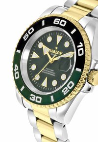 Herrenarmbanduhr mit einem grünen und schwarzen Lünette, goldenen Akzenten, Edelstahlband, großen dreieckigen Markierungen und einem Quarzwerk.