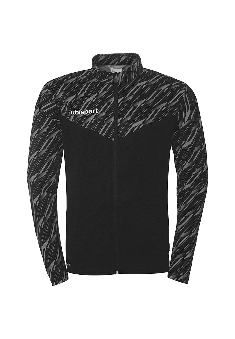 Zwarte jas van een gestructureerde stof, met een diagonaal grijs patroon op de schouders en mouwen. Met rits aan de voorkant en hoge kraag.