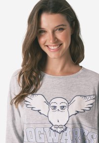 Szara koszulka z długim rękawem z nadrukiem kreskówkowej sowy z rozwianymi skrzydłami oraz napisem "HOGWARTS!" poniżej. Miękka tkanina z luźnym krojem.
