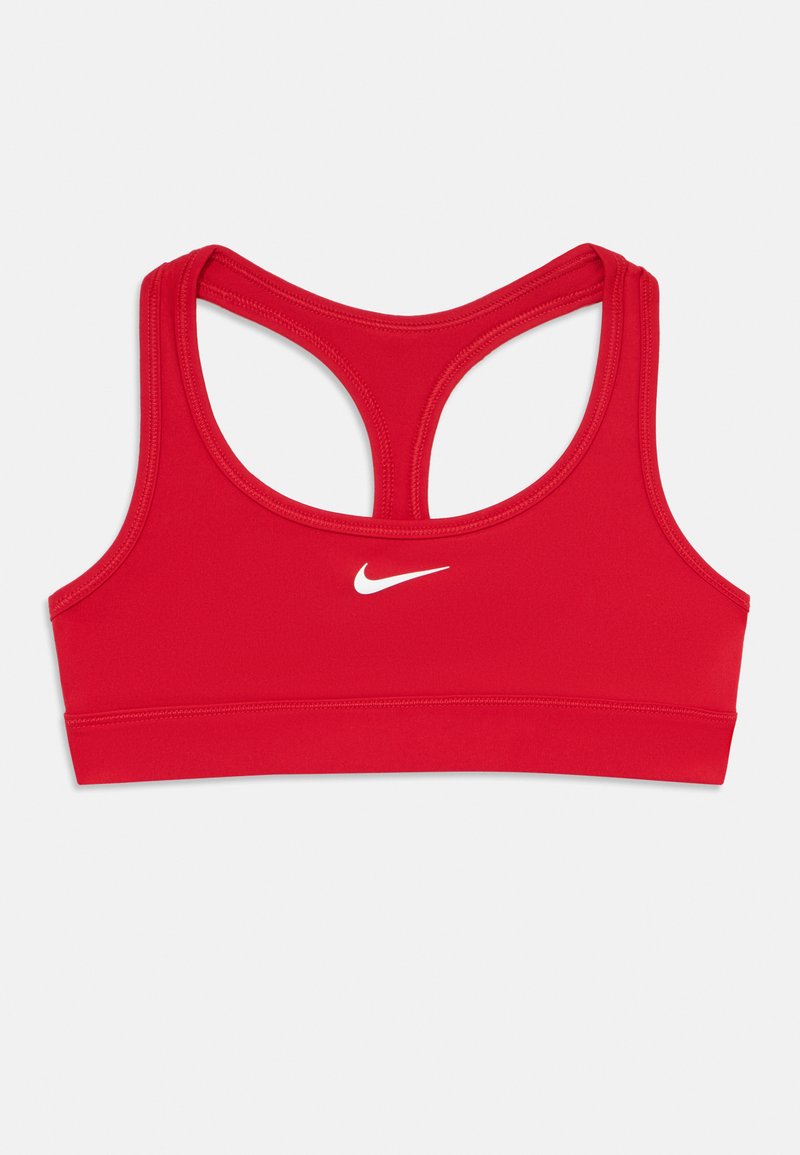 Rdeča športna modrc Nike z dizajnom racerback in belim logotipom Nike swoosh centriranim spredaj.