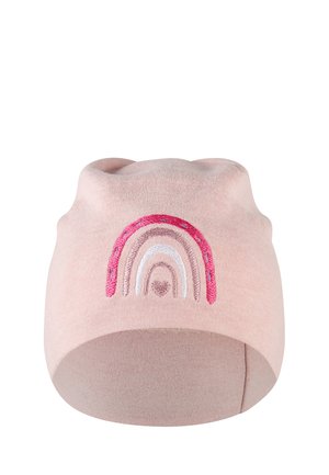 Light pink soft fabric hat with a small embroidered rainbow in shades of pink and white on the front.