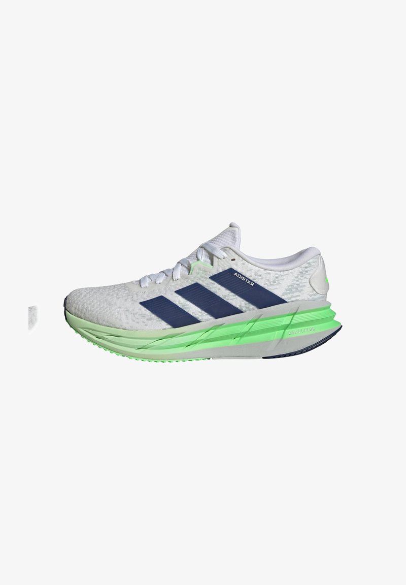 White running shoe with navy stripes, breathable mesh upper, green midsole, and black rubber outsole. Lightweight design for performance.