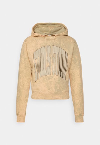 Korte hoodie in licht beige met een vervaagd effect. Heeft een groot logo in donkergrijs aan de voorkant en een standaard verstelbare capuchon.