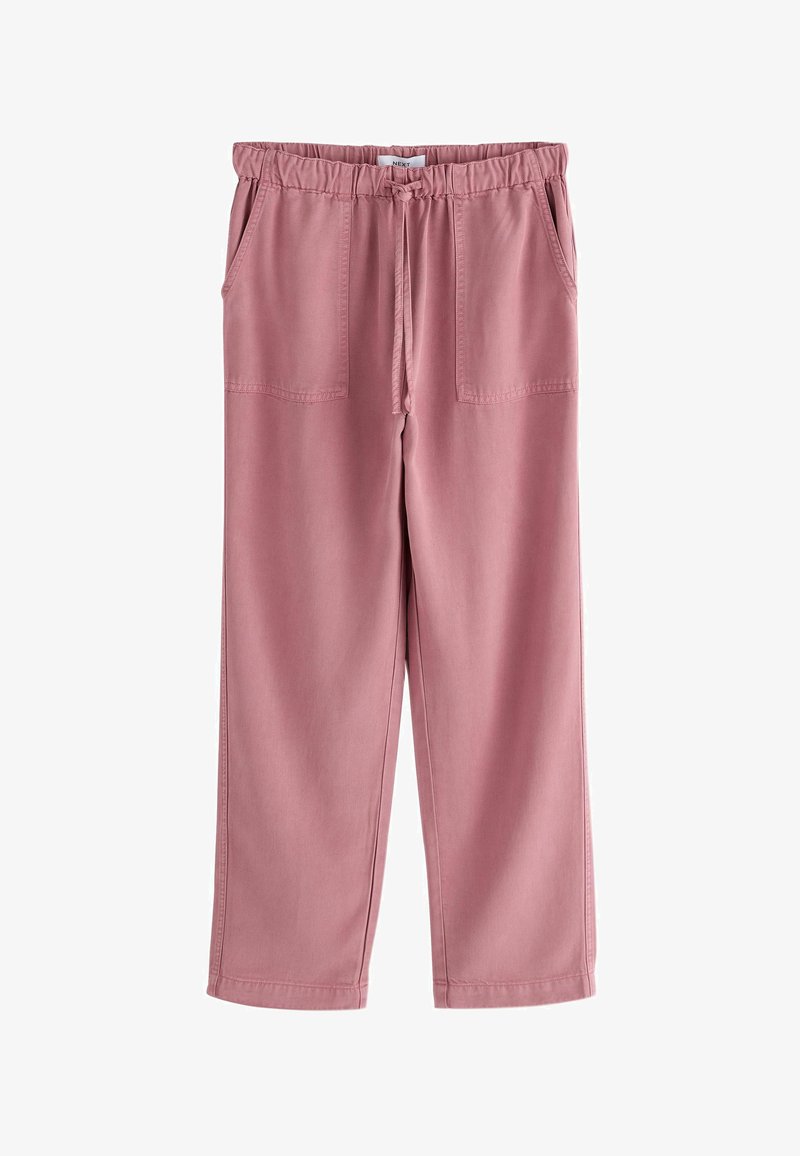 Rózsaszín pamut nadrág gumis derékpánttal, húzózsinóros záródással és két elején található foltzsebbel. Egyenes szárú fazon. Puha tapintású anyag.