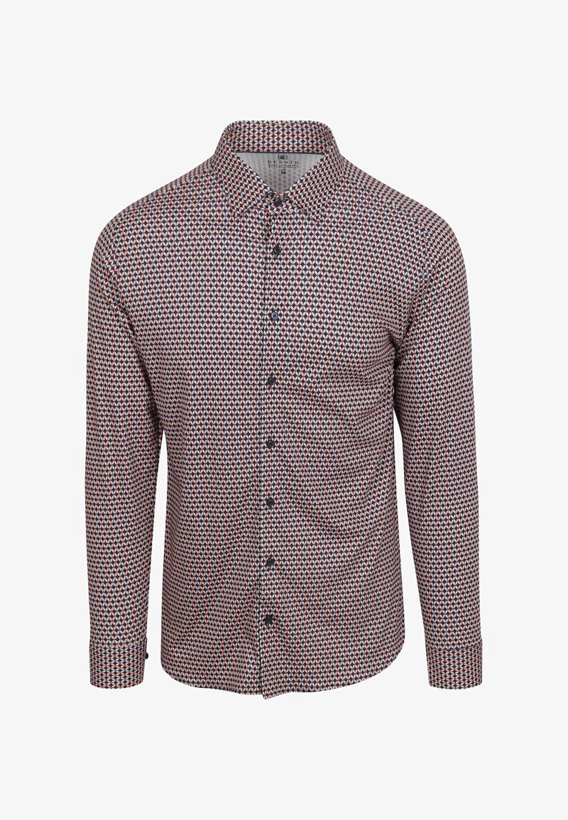 Lange mouwen overhemd met knopen, met een geometrisch patroon in rood en blauw op een witte achtergrond, met een klassieke kraag en knoopsluiting.