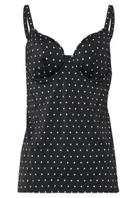 Black tank top with white diamond pattern, thin adjustable straps, molded cups, and soft fabric texture. Features a fitted bodice.
