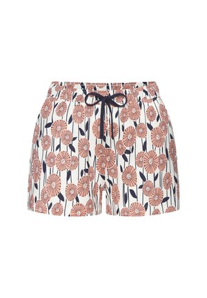 Shorts aus leichtem Material mit weißem Hintergrund. Sie haben ein florales Muster in Rot und Marineblau, mit einem elastischen Bund und Kordelzug.