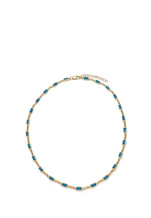 Gullsmykke med jevnt fordelt små rektangulære blå edelstener, med lås i hummerklo og justerbar forlengelseskjede.