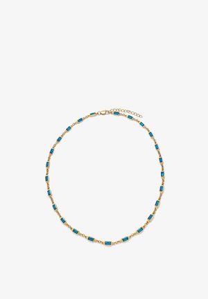 Guld kæde halskæde med jævnt fordelte små rektangulære blå ædelstene, med en hummerlås og justerbar forlængerkæde.