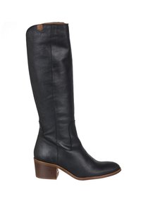 Bota de cuero negra hasta la rodilla con punta redonda, tacón cuadrado y detalle en la costura lateral. Cuenta con una textura suave y un diseño minimalista.