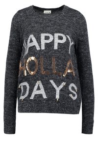 Houten gebreide trui met "HAPPY HOLLADAYS" bedrukt in witte en gouden pailletten. Heeft een klassieke ronde halslijn en lange mouwen.
