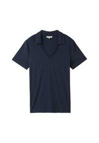 Polo de manga corta azul marino con cuello en V, con textura acanalada y un cuello estructurado. Tejido suave y corte clásico.