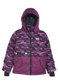 Giacca isolante con cappuccio, motivo mimetico viola e nero, con zip davanti, tasche anteriori e polsini a costine. Tessuto strutturato.