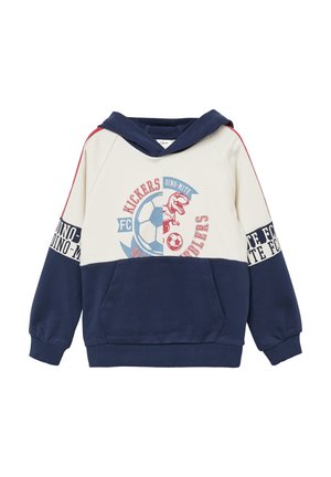 Marineblauwe en crèmekleurige capuchon sweatshirt met een dinosaurustekening, contrasterende mouwen, een kangoeroezak en "DINO-MITE" tekst op de manchetten.