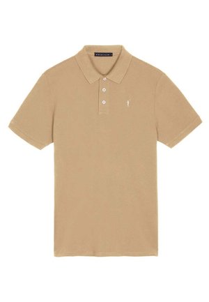 Beige poloshirt lavet af bomuld med krave, tre knapper, korte ærmer og en broderet logo på venstre bryst.