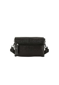 Schwarze rechteckige Tasche aus strukturiertem Material, mit einem Reißverschlussverschluss, abnehmbaren Riemen und schimmernden Akzenten auf der Oberfläche.