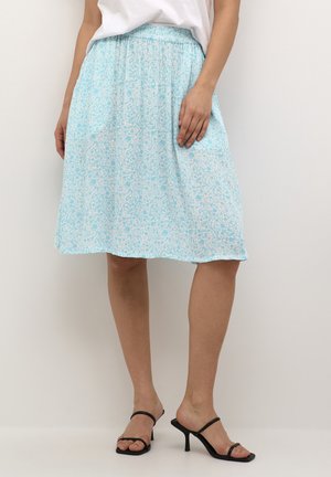 Light blue floral skirt with an elastic waistband, knee-length, featuring a flowing design and delicate white pattern throughout.
