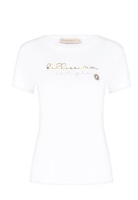 T-shirt bianca a maniche corte con testo in scrittura oro e grigia "bellissima sempre" e un piccolo logo. Tessuto morbido e liscio.