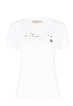 T-shirt bianca a maniche corte con testo in scrittura oro e grigia "bellissima sempre" e un piccolo logo. Tessuto morbido e liscio.