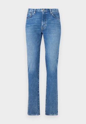 Lyseblå denim jeans med rett ben-design, medium høyde i midjen, og fem-lommers stil. Har synlige sømmer og knappelukking.